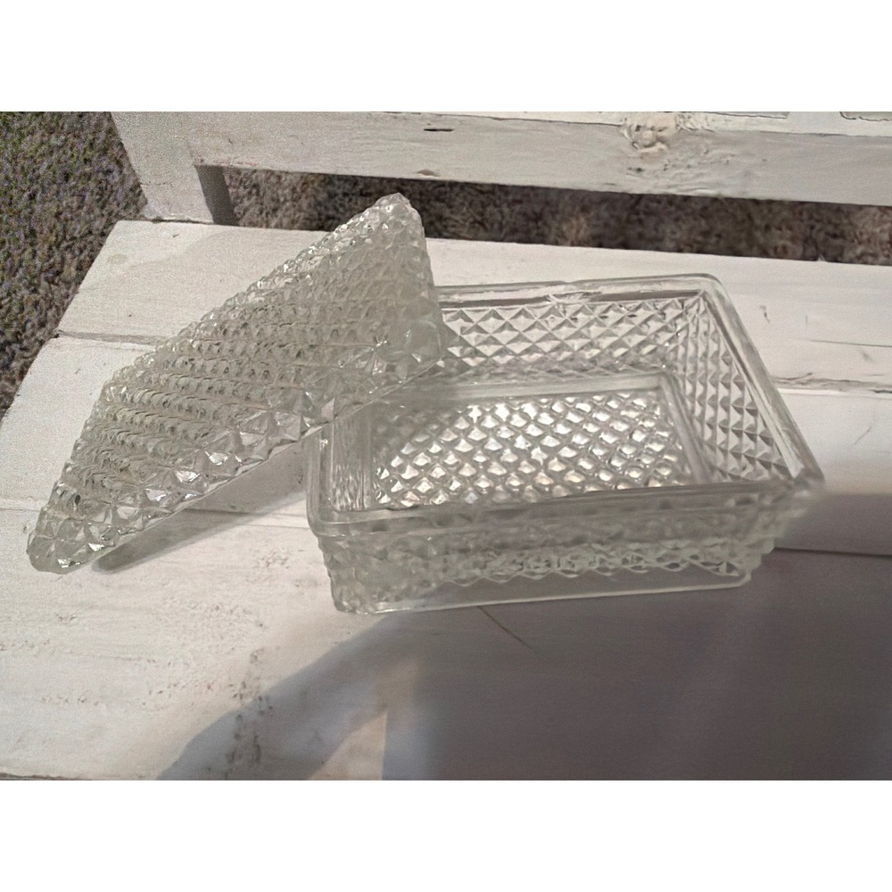 Vintage Clear Pressed Glass Trinket Box Diamond Point Rectangular Jewelry Case